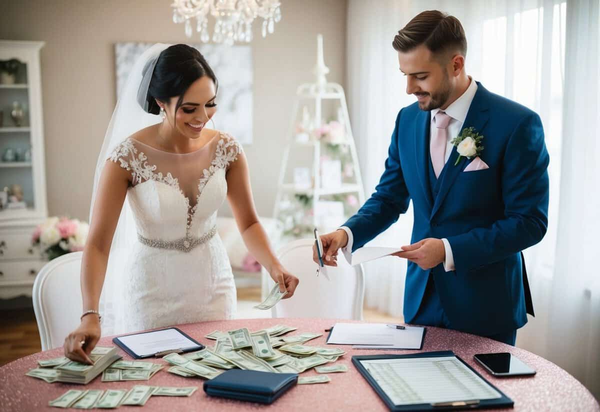 A bride and groom stand at a decorated table, counting money and writing checks. They are surrounded by wedding planning materials and a budget spreadsheet