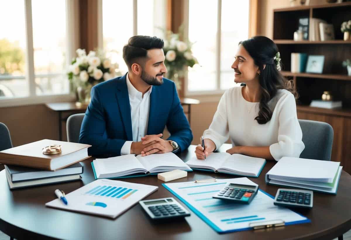 A couple sitting at a table with wedding planning books, budget spreadsheets, and calculators spread out in front of them, deep in conversation