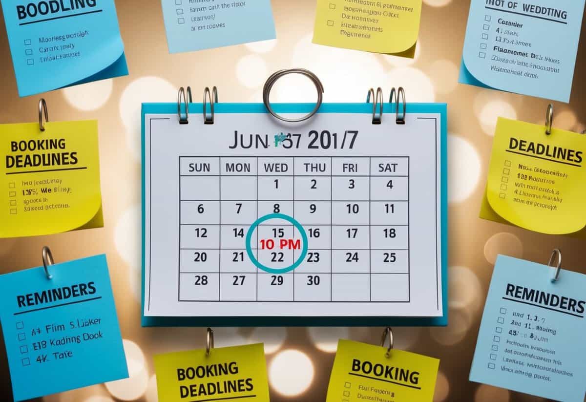 A calendar with a wedding date circled, surrounded by various booking deadlines and reminders