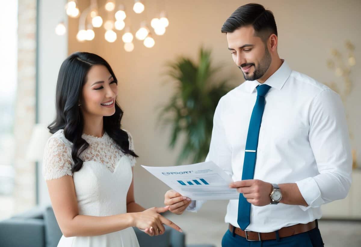A couple standing in front of a wedding planner, discussing expenses and looking at a budget sheet