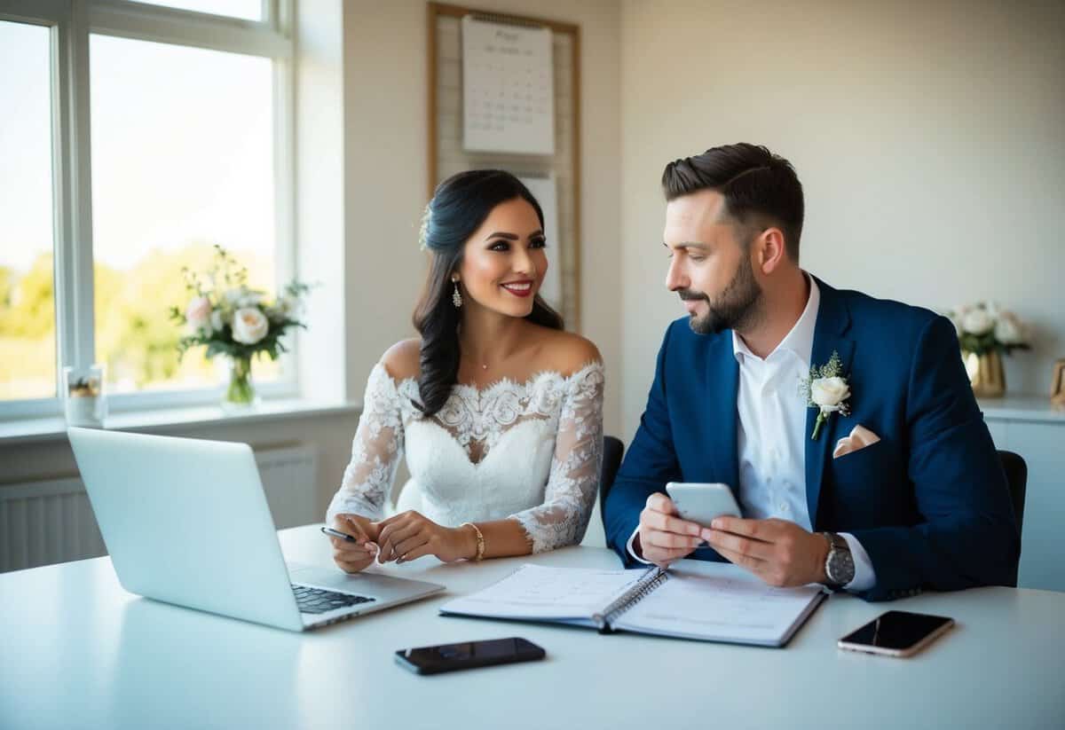 A couple sits at a desk with a calendar, laptop, and phone, discussing wedding details and making notes