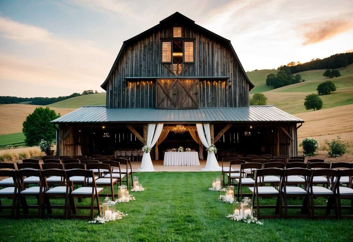 A rustic barn surrounded by rolling hills, with a large outdoor space for a ceremony and a spacious indoor area for a reception