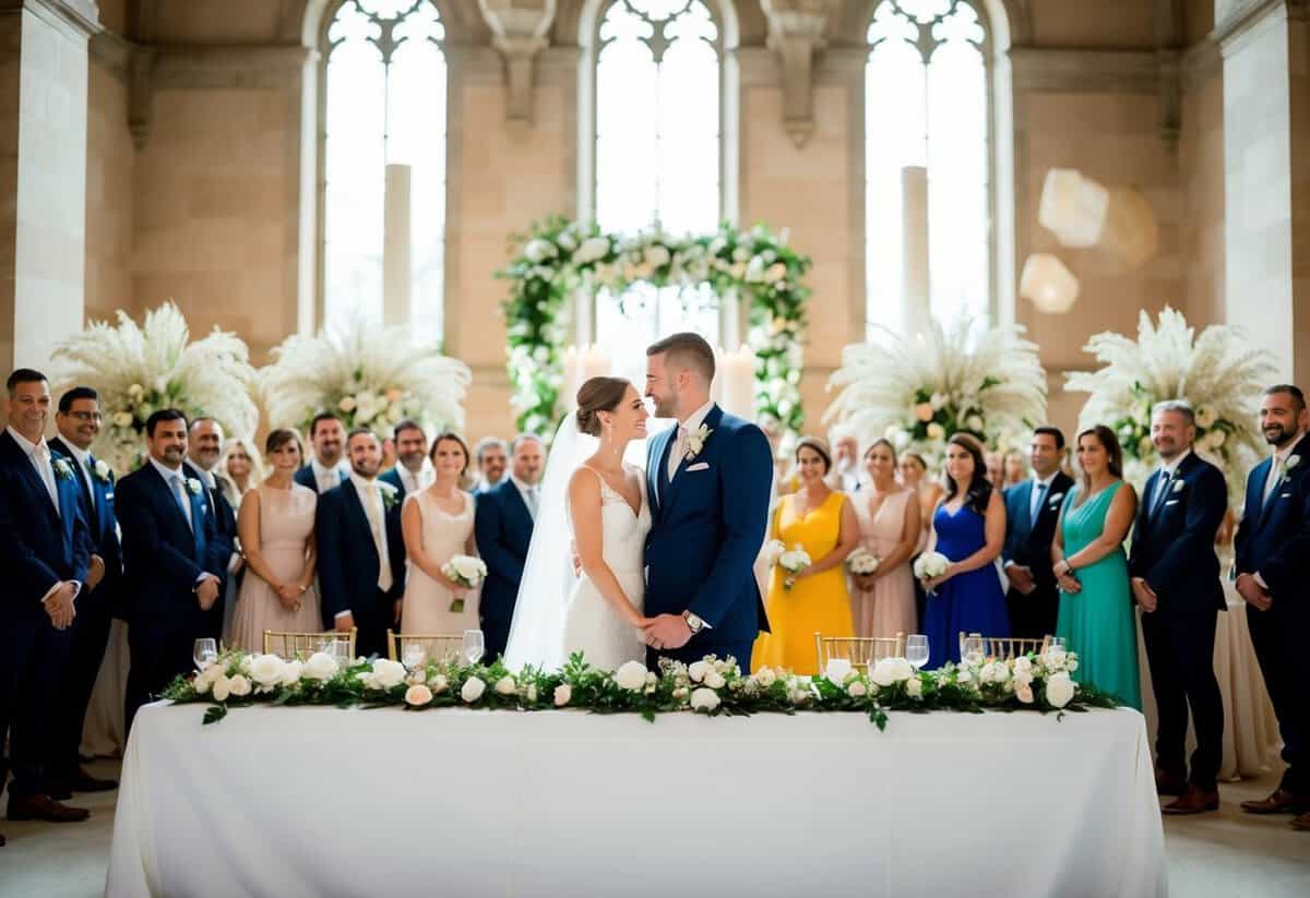 A bride and groom standing in front of a large table covered in wedding decorations and surrounded by guests