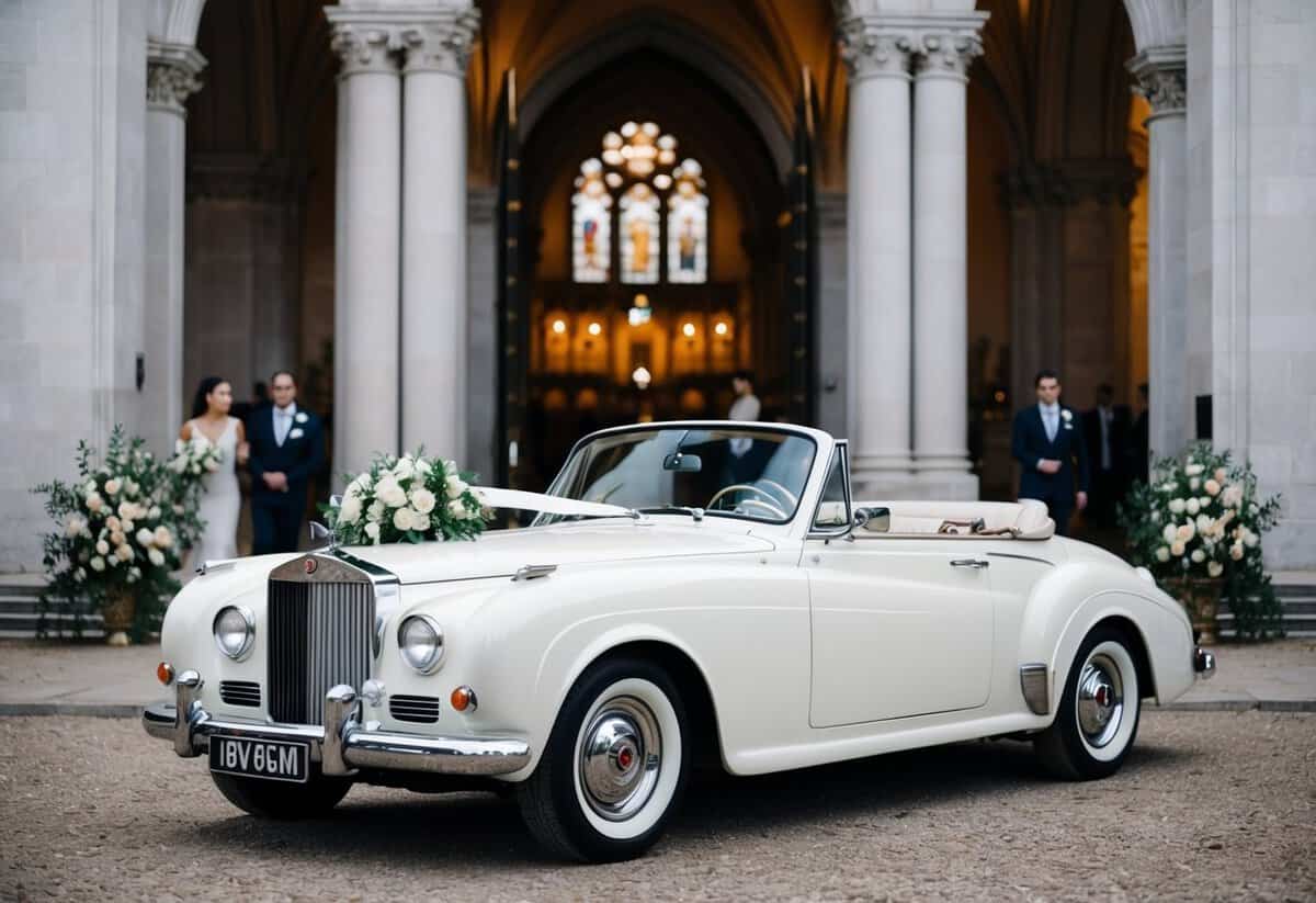 A vintage white convertible adorned with flowers awaits the newlyweds at the entrance of a grand cathedral