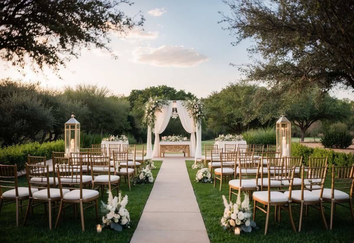 A picturesque wedding venue in Texas with elegant decor and spacious seating, surrounded by lush greenery and a serene atmosphere