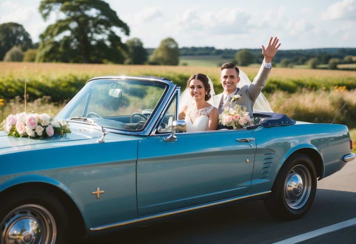 A vintage convertible adorned with flowers and ribbons drives through a scenic countryside, with the newlyweds waving from the backseat