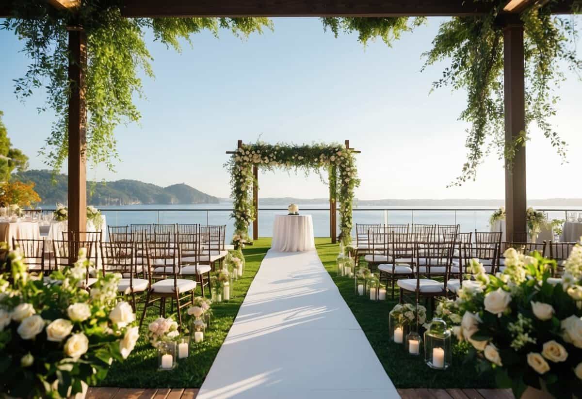A beautiful outdoor wedding venue with a view of the bay, surrounded by lush greenery and blooming flowers, with elegant decor and a romantic atmosphere