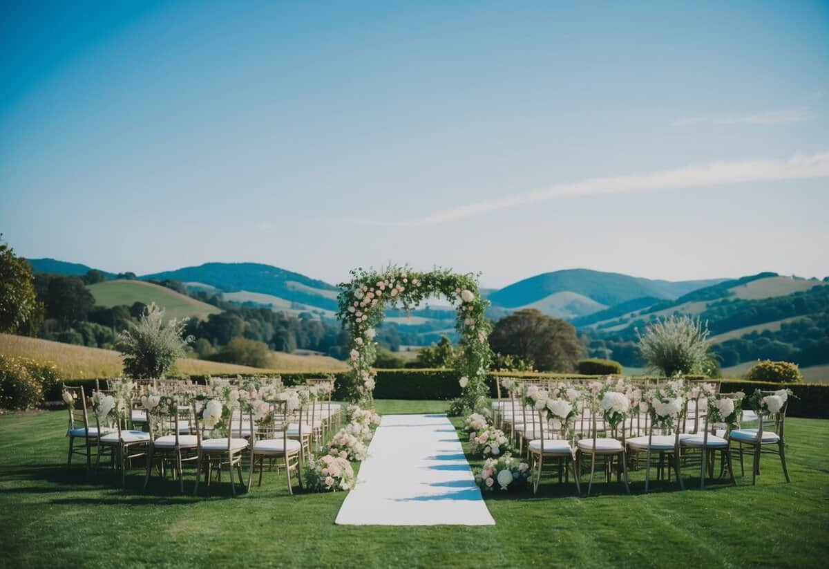 A picturesque outdoor wedding venue with lush greenery and blooming flowers, set against a backdrop of rolling hills and a clear blue sky