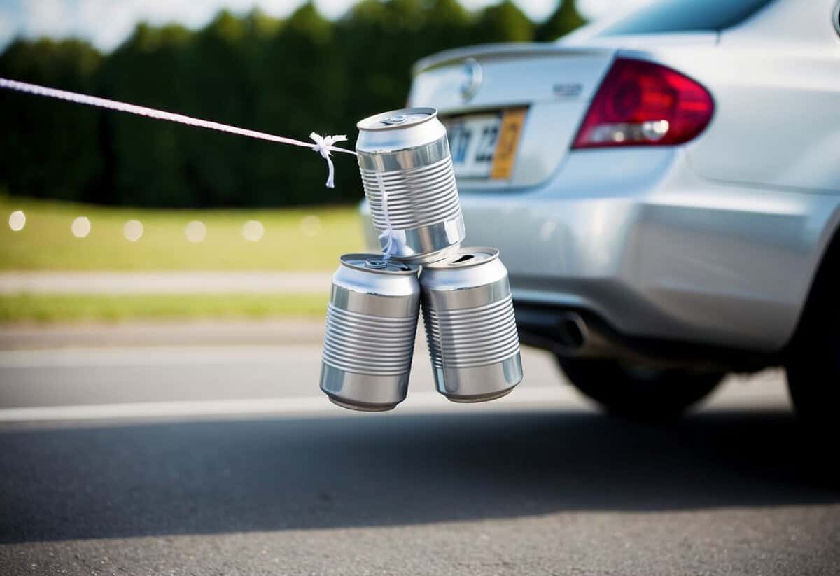 Cans dangle from a wedding car's bumper, clinking together as the vehicle moves. The cans trail behind, adding a festive touch to the celebration