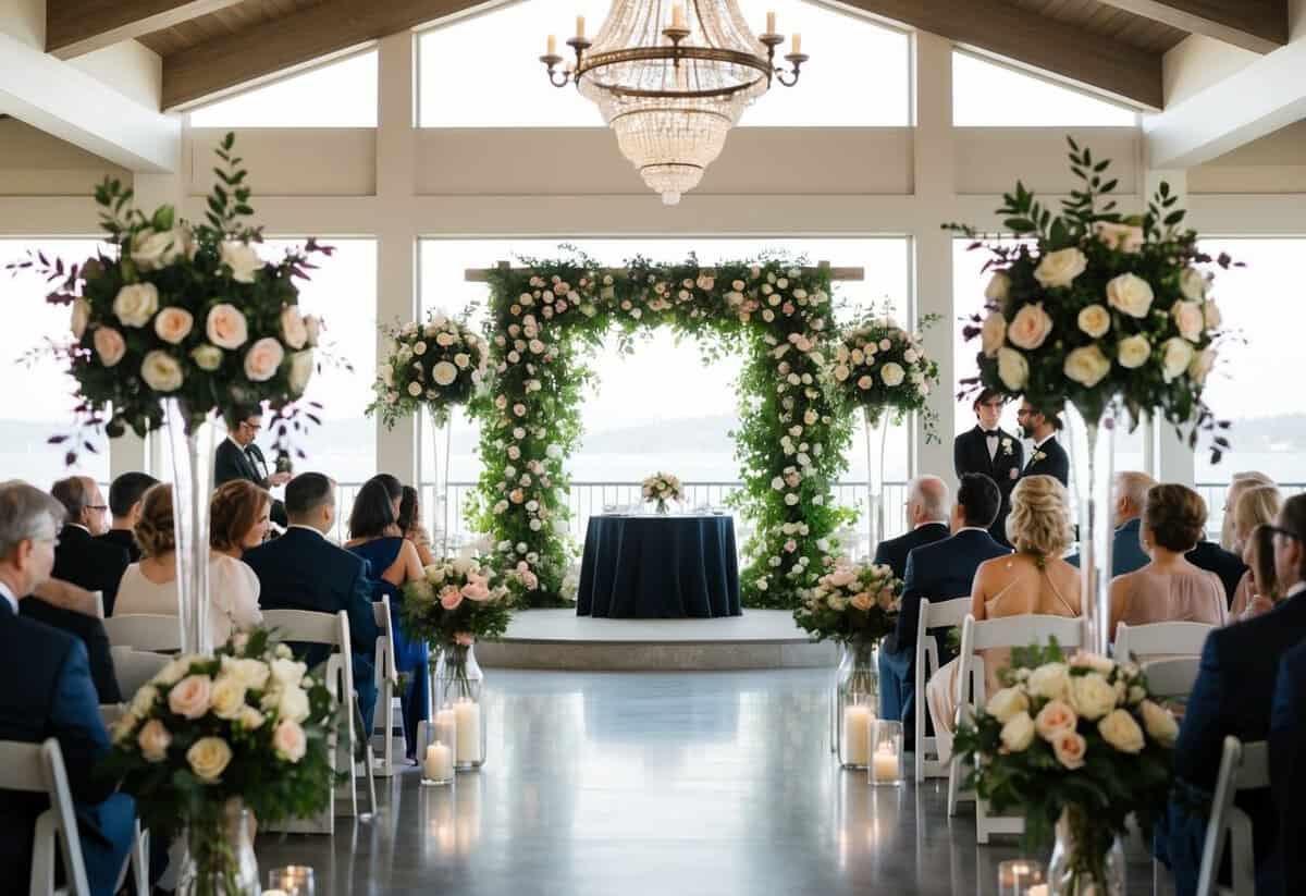 A wedding venue in the Bay Area with elegant decor, floral arrangements, and seating for guests