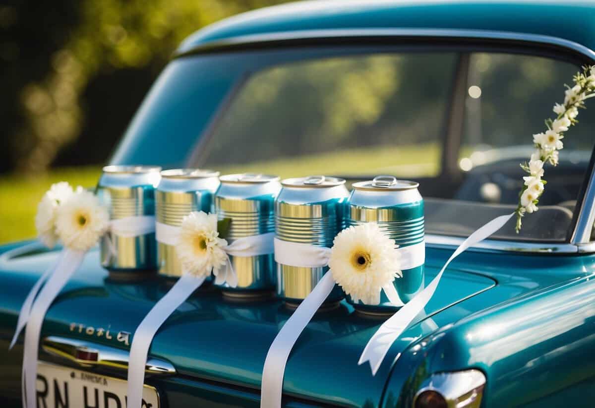 Cans tied to the back of a vintage car, adorned with ribbons and flowers, symbolizing the historical tradition of wedding car decorations