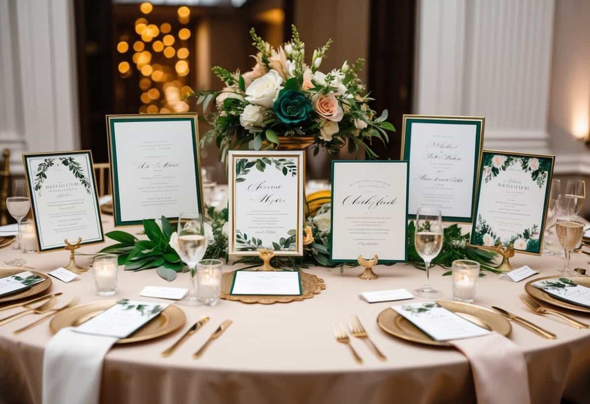A beautifully decorated table with elegant wedding invitations displayed in various designs and colors