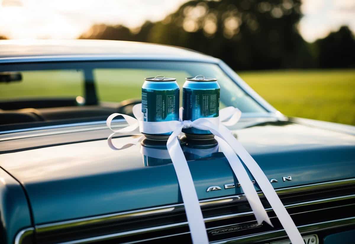 Cans tied to the back of a sleek wedding car with ribbons flowing in the wind