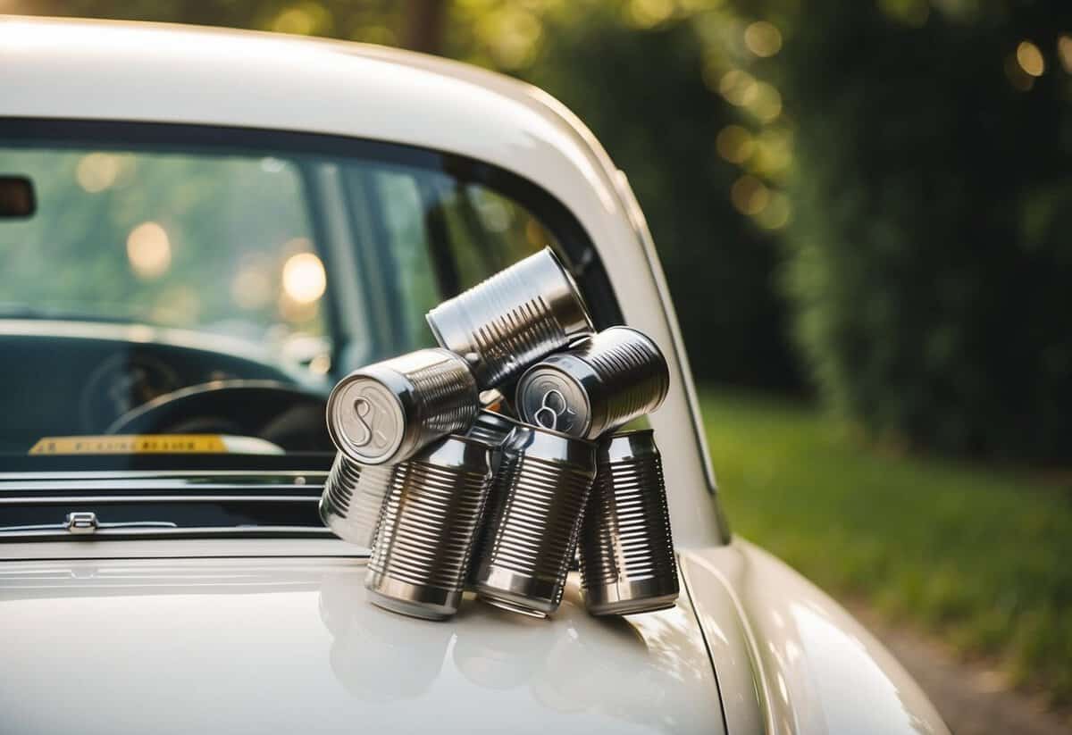 Cans tied to the back of a wedding car clatter and clink as the vehicle drives away, symbolizing good luck and warding off evil spirits
