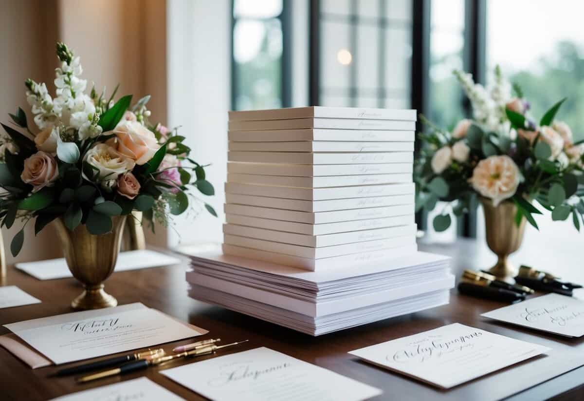 A stack of elegant wedding invitations displayed on a table with floral arrangements and calligraphy tools nearby