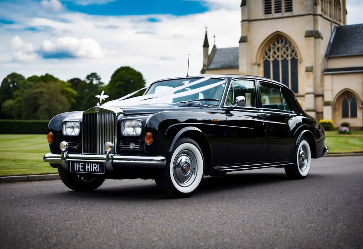 A sleek black wedding car parked in front of a grand church. White ribbons flutter in the wind, contrasting against the dark vehicle