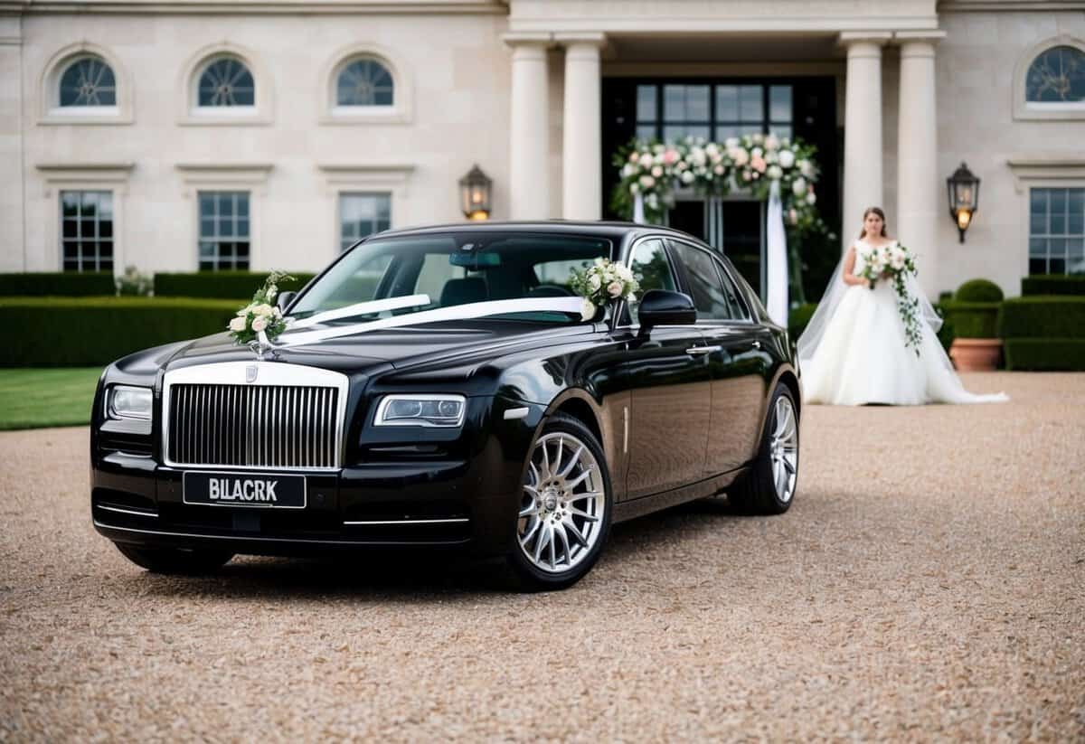 A sleek black wedding car parked in front of a grand venue, adorned with elegant floral decorations and ribbons