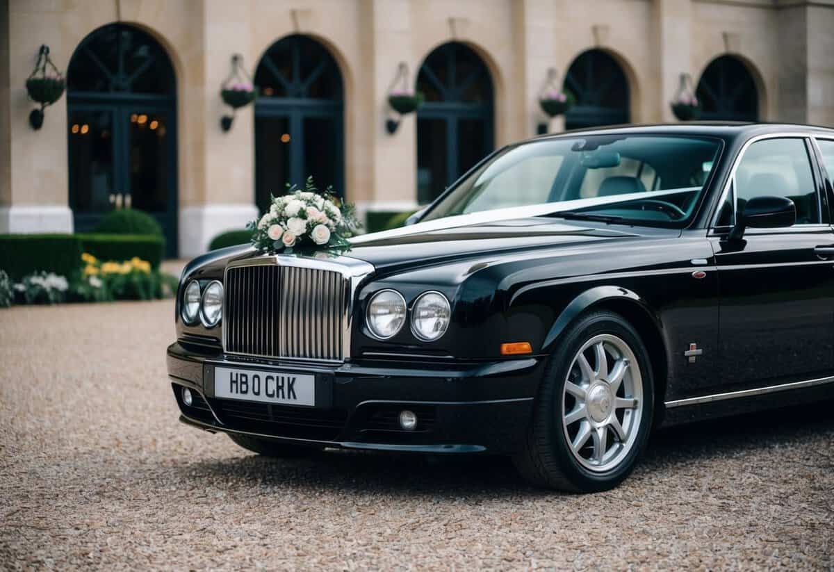 A sleek black wedding car parked outside a grand venue, adorned with elegant floral decorations