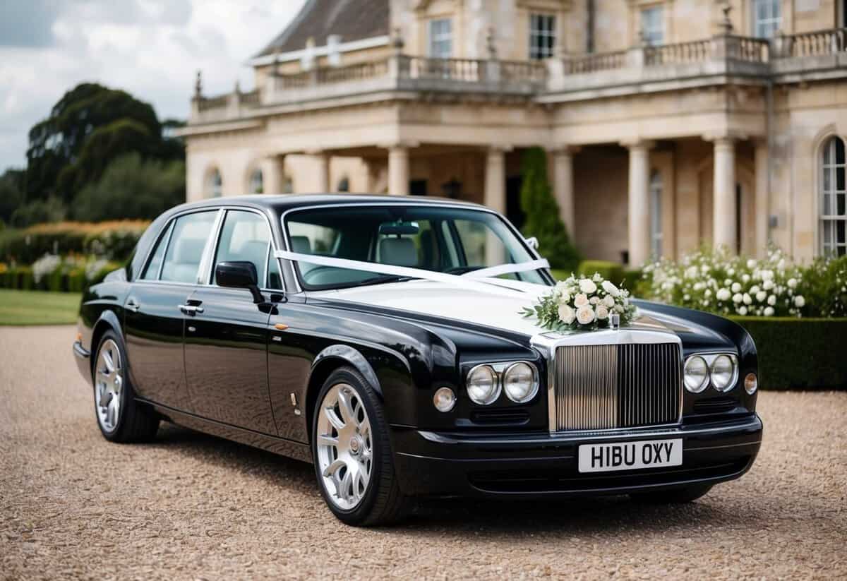 A sleek black wedding car parked outside a grand venue, adorned with white ribbons and flowers, ready to transport the newlyweds