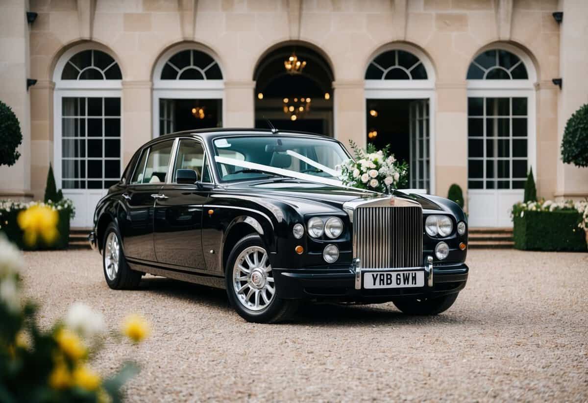 A sleek black wedding car parked outside a grand venue, adorned with elegant floral decorations