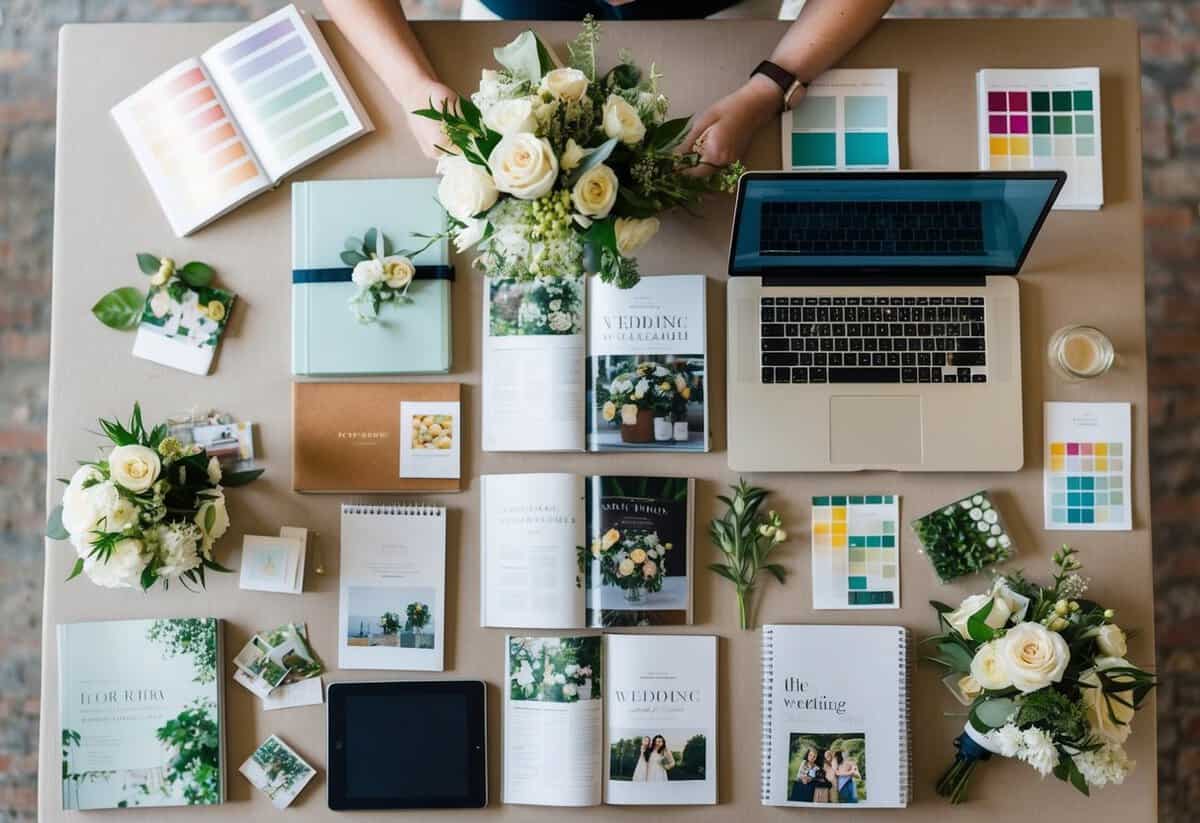 A table covered in wedding magazines, notebooks, and a laptop, surrounded by color swatches and floral samples