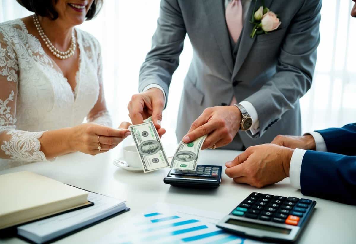 The bride's parents counting out money at a table, surrounded by wedding planning books and a calculator