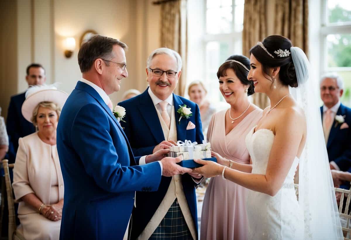 A traditional British wedding scene with a bride's parents presenting a financial contribution towards the wedding expenses