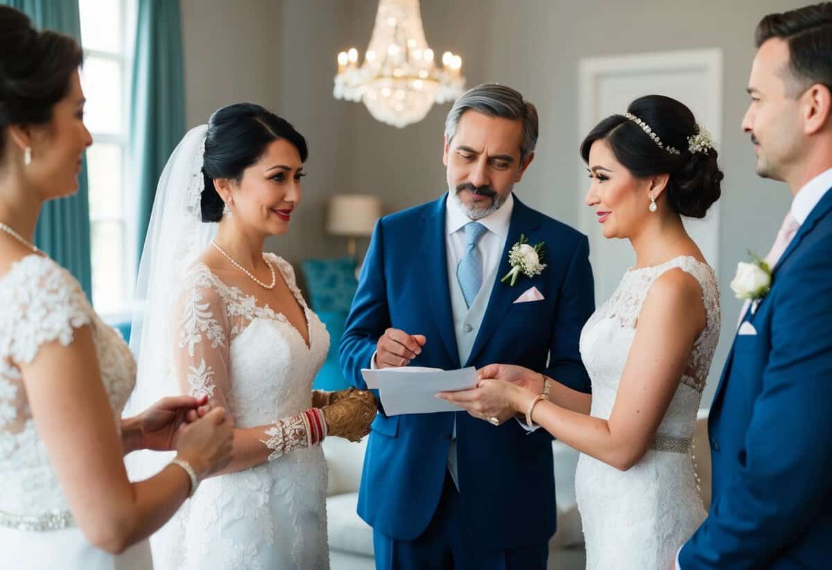 A traditional wedding scene with a bride's parents discussing finances and a wedding planner presenting a breakdown of costs