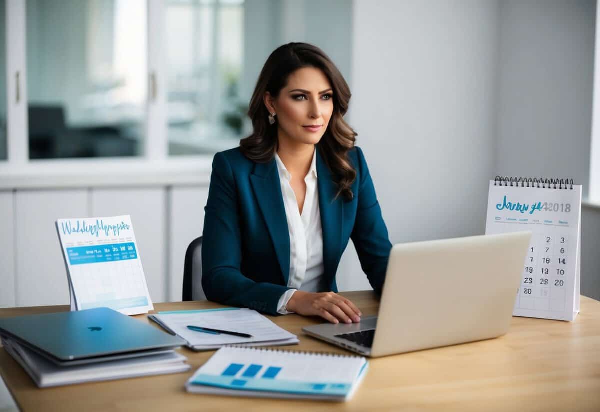 A woman sits at a desk with a laptop and spreadsheets, surrounded by wedding magazines and a calendar. She looks focused and determined