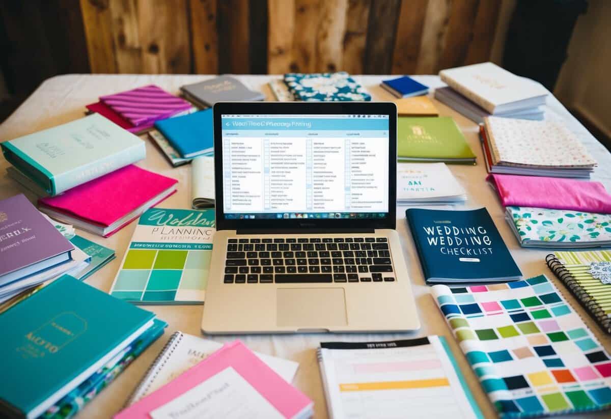 A table covered in wedding planning books, magazines, and colorful fabric swatches. A laptop open to a wedding checklist