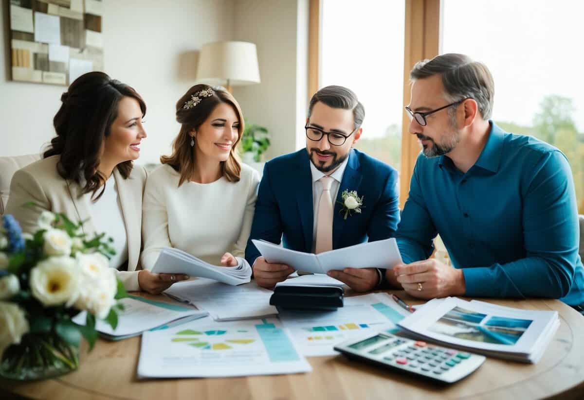 A couple and parents discussing wedding budget at a cozy table with wedding magazines, papers, and a calculator