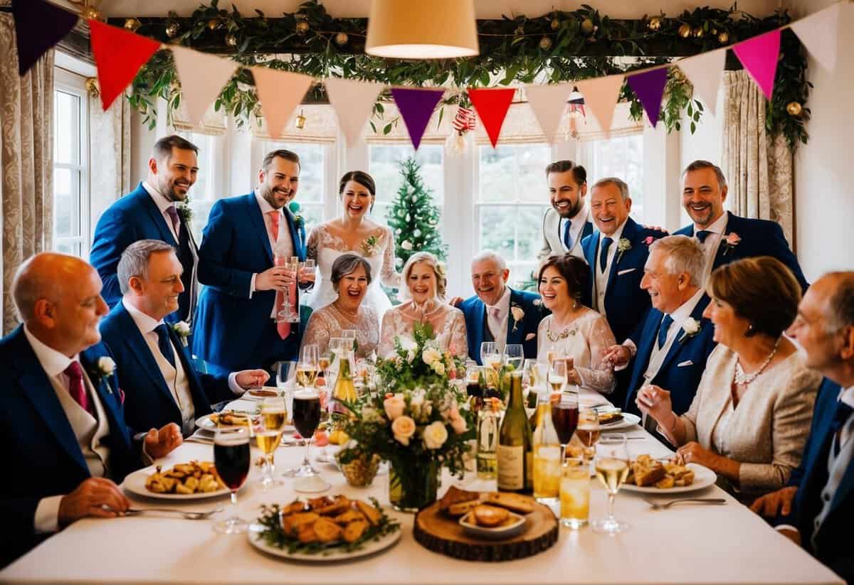 A festive pre-wedding celebration with decorations, food, and drinks, showcasing the bride and groom's families coming together in the UK