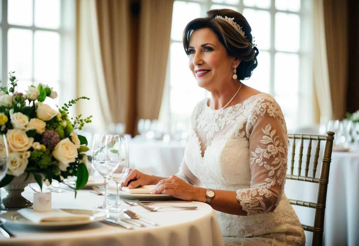 The mother of the bride sits next to an elegantly decorated table with a floral centerpiece and place settings