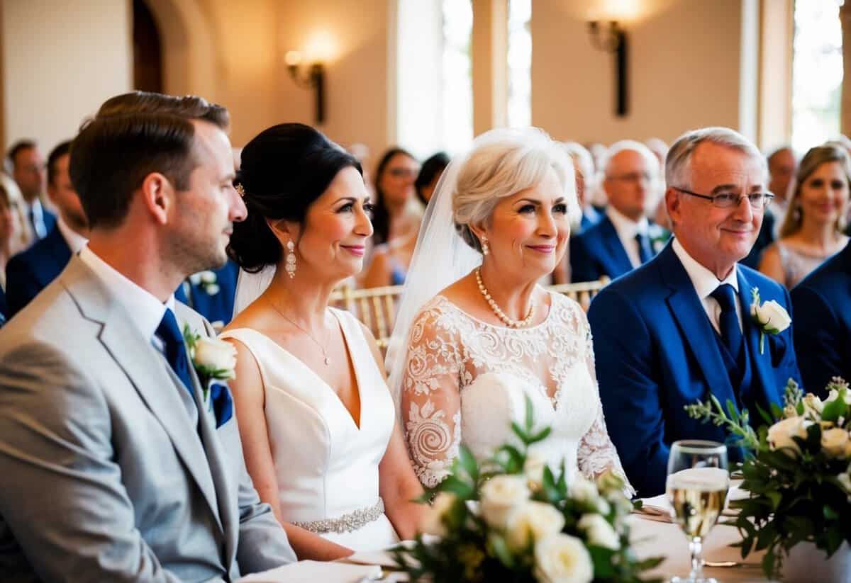 The mother of the bride sits next to the groom's parents at the ceremony seating plan