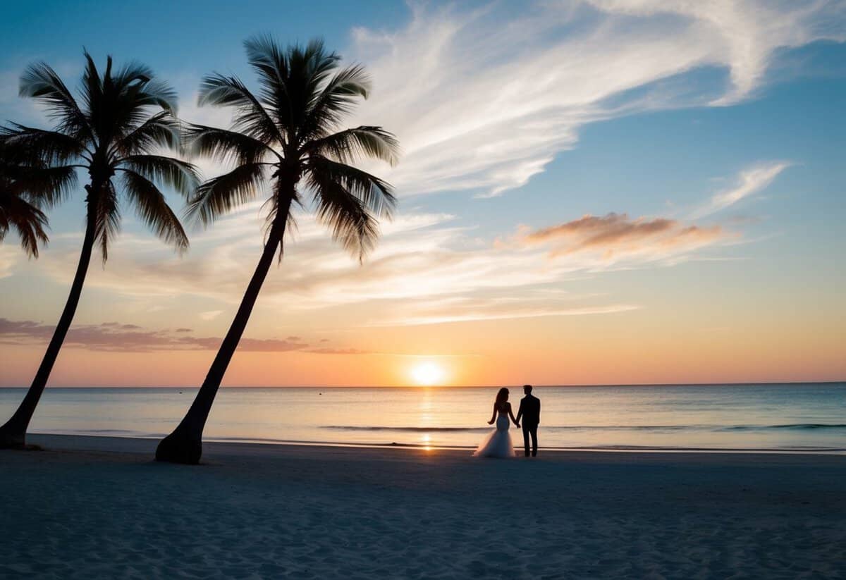 A beach with a picturesque sunset, palm trees, and a clear blue ocean, with a couple's silhouette in the distance, holding hands