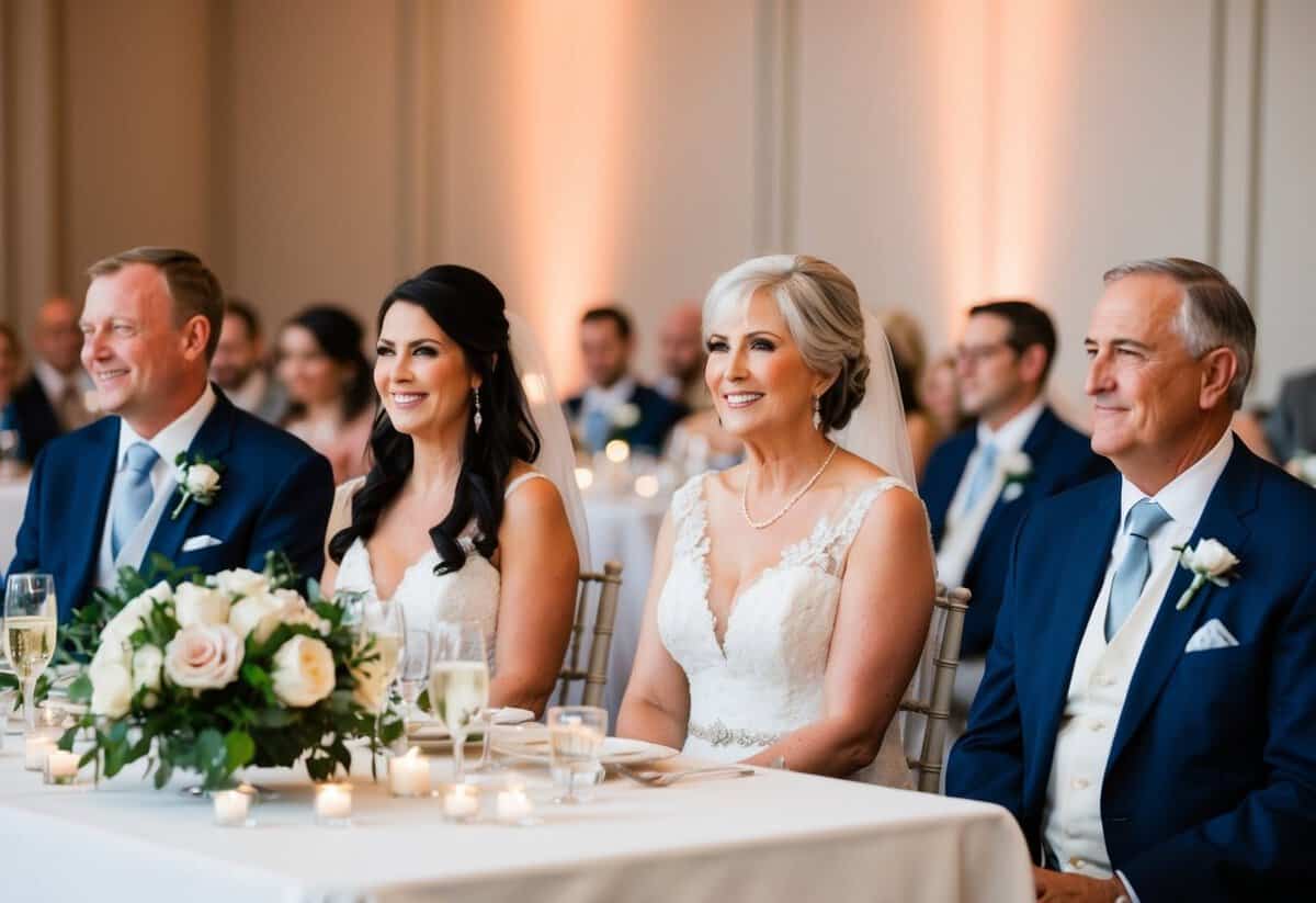 The mother of the bride sits next to the groom's parents in the reception seating arrangement