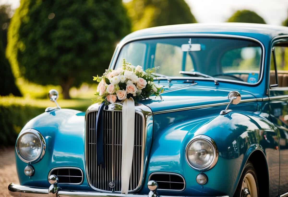 A vintage car adorned with flowers and ribbons awaits the newlyweds
