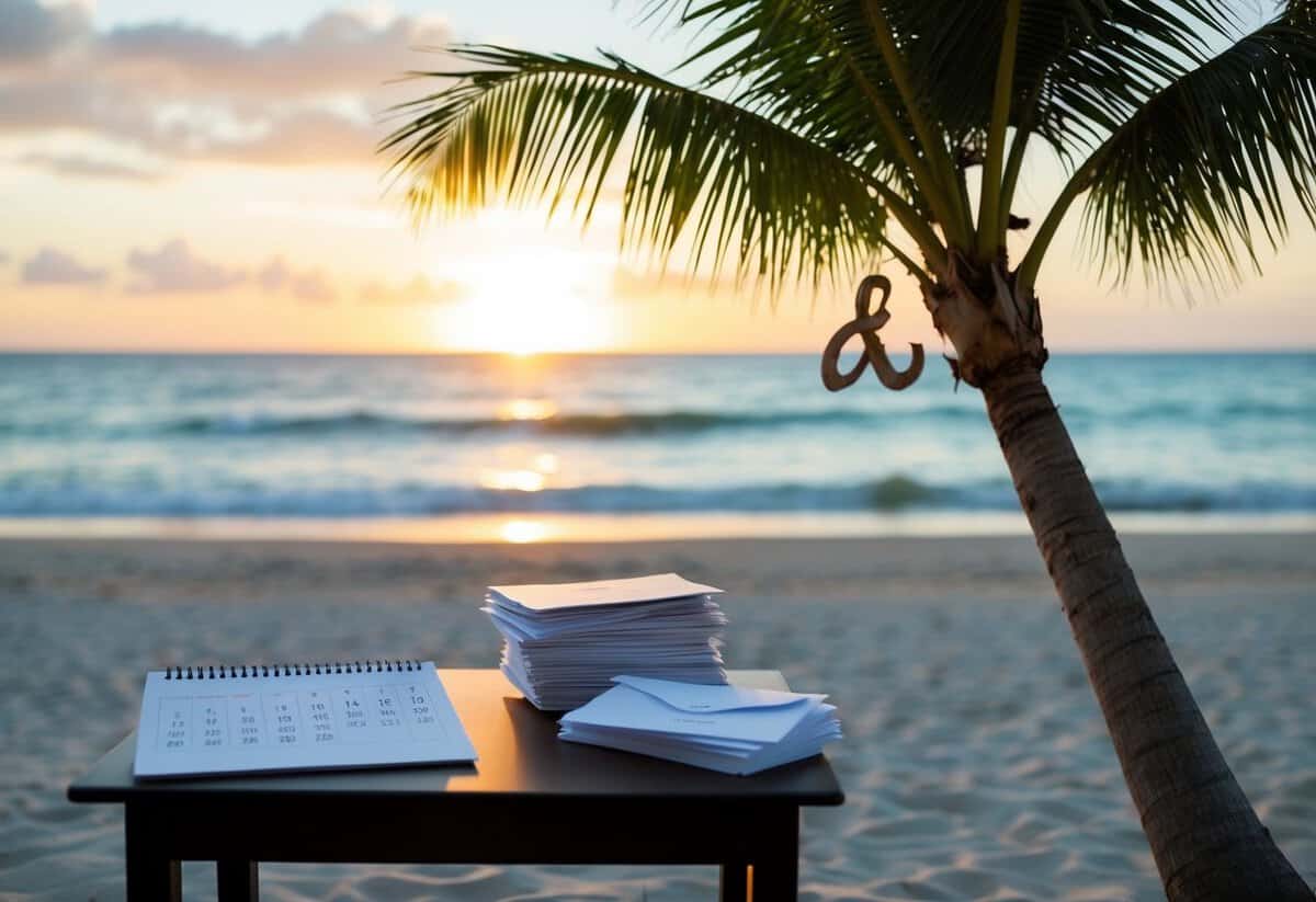 A beach setting with a sunset backdrop, a table with a calendar and a stack of envelopes, a couple's initials carved into a palm tree