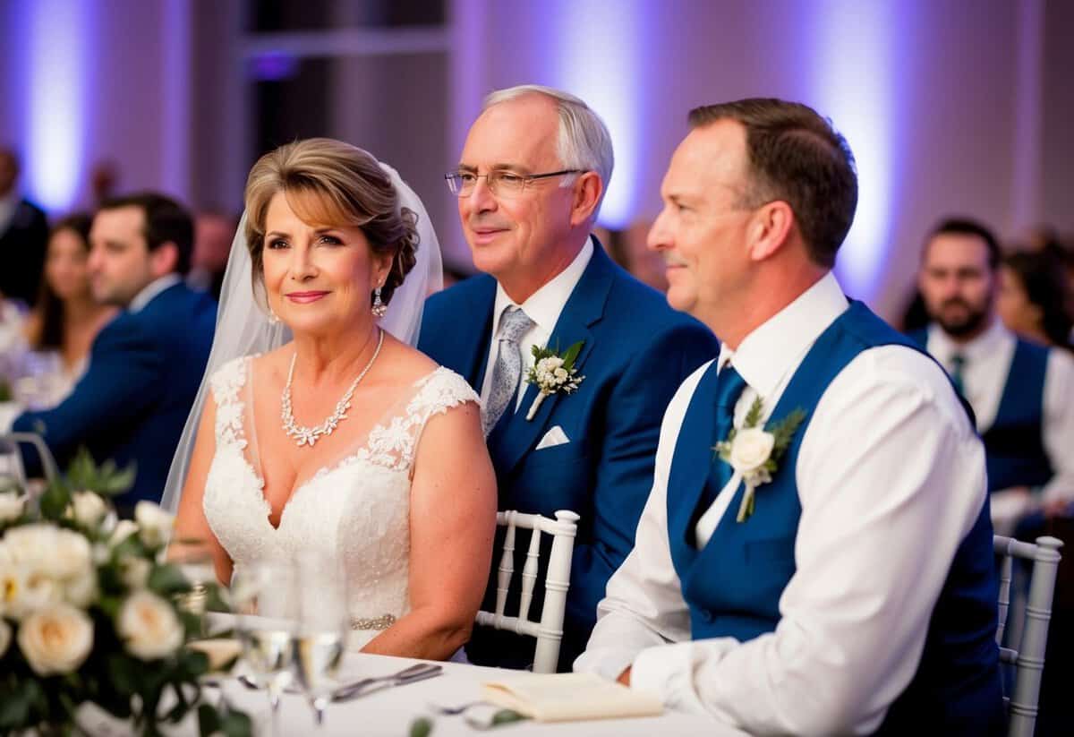 The mother of the bride sits next to the groom's father at the wedding reception
