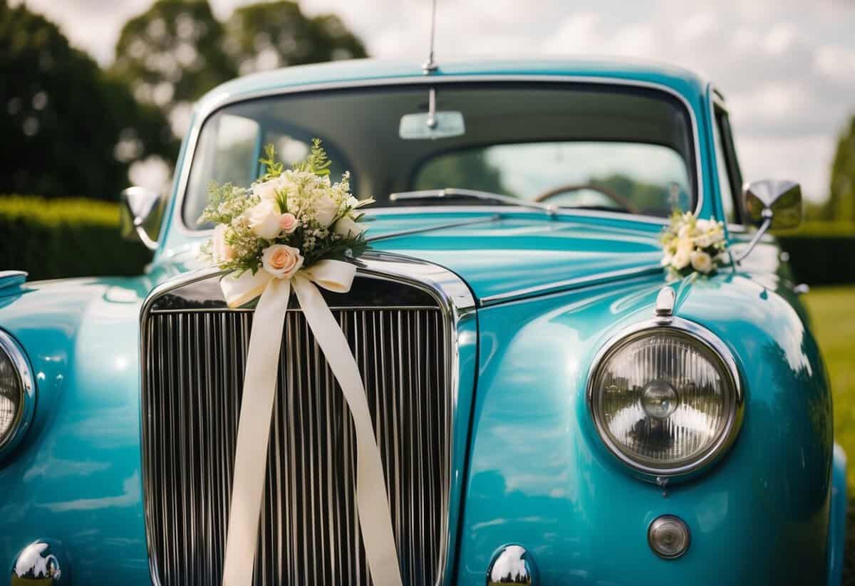 A vintage car adorned with ribbons and flowers awaits the newlyweds