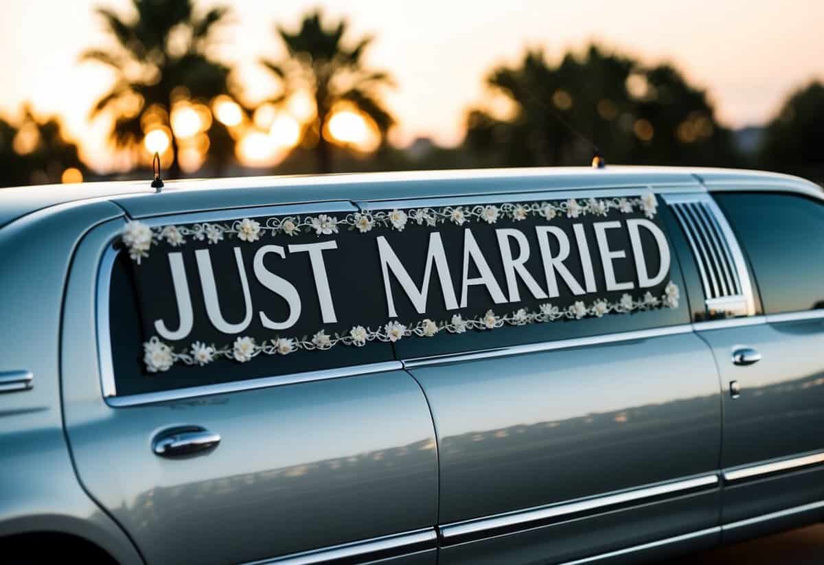A sleek, silver limousine with a decorative "Just Married" sign on the back