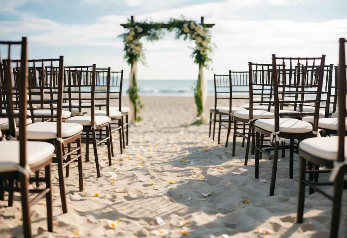 Empty chairs at a beach wedding set-up, with a deserted aisle and scattered petals