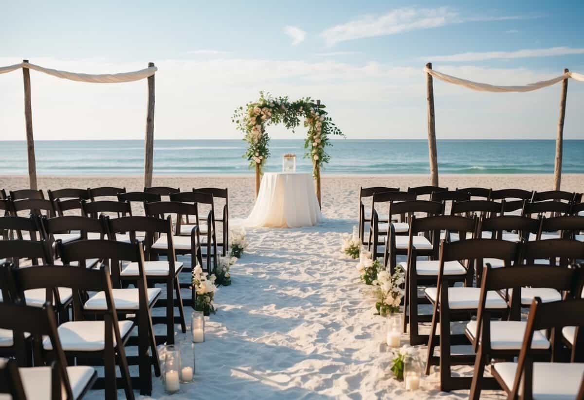 A deserted beach wedding setup with empty chairs and untouched decorations