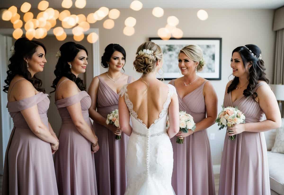 The bride stays with her bridesmaids before the wedding