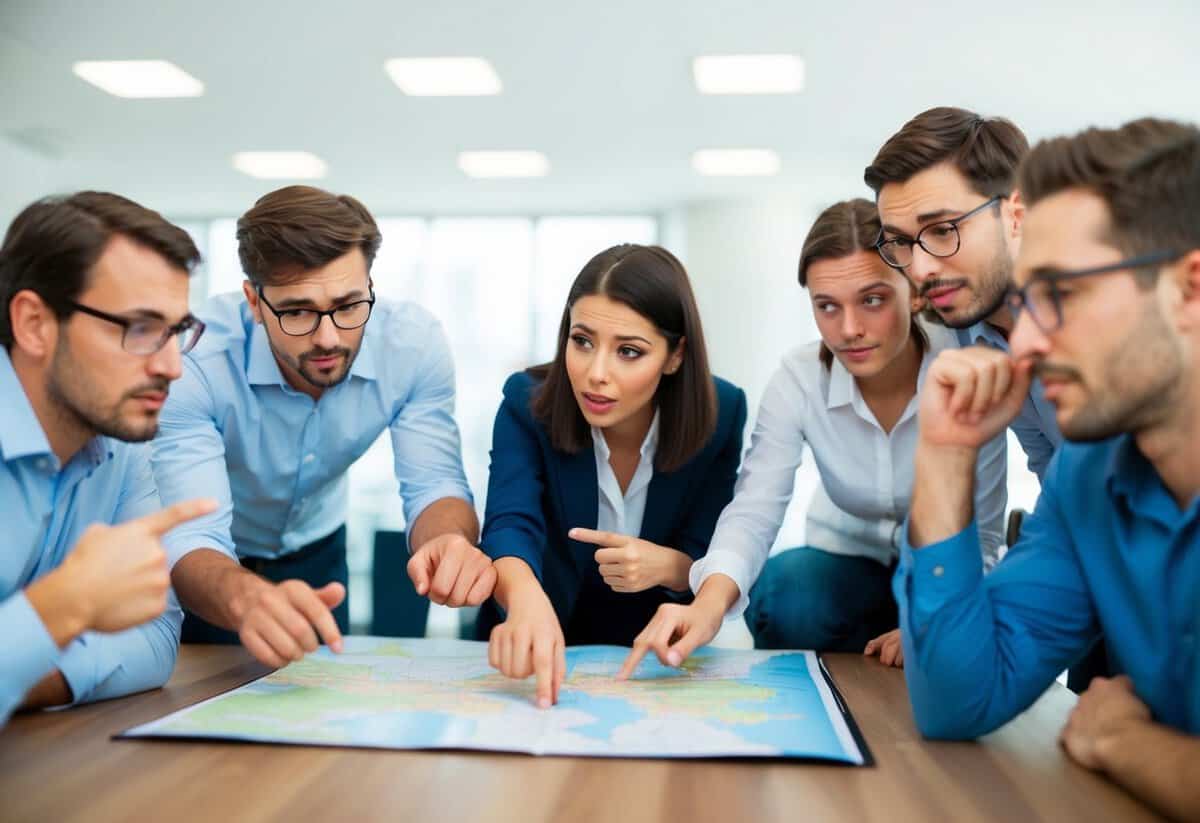 A group of people looking at a map with puzzled expressions, while some are shaking their heads and pointing to their wallets