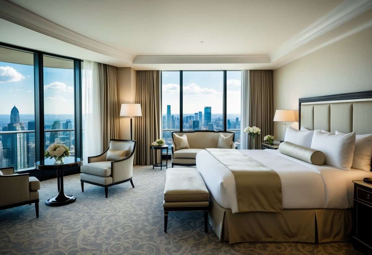 The bride stays in a spacious, luxurious hotel suite with elegant furnishings and a large, comfortable bed. The room is filled with soft, natural light and offers a stunning view of the city skyline