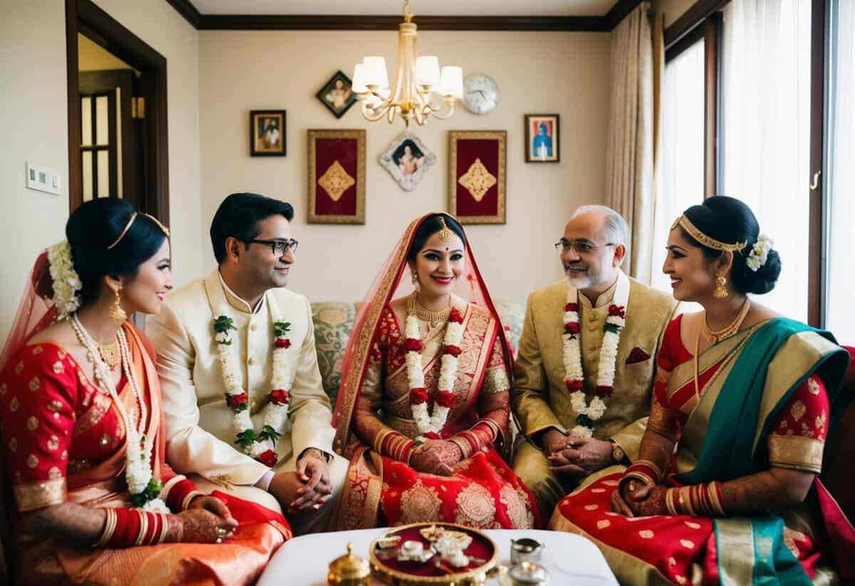 The bride stays with her family before the wedding, surrounded by cultural symbols and personal mementos