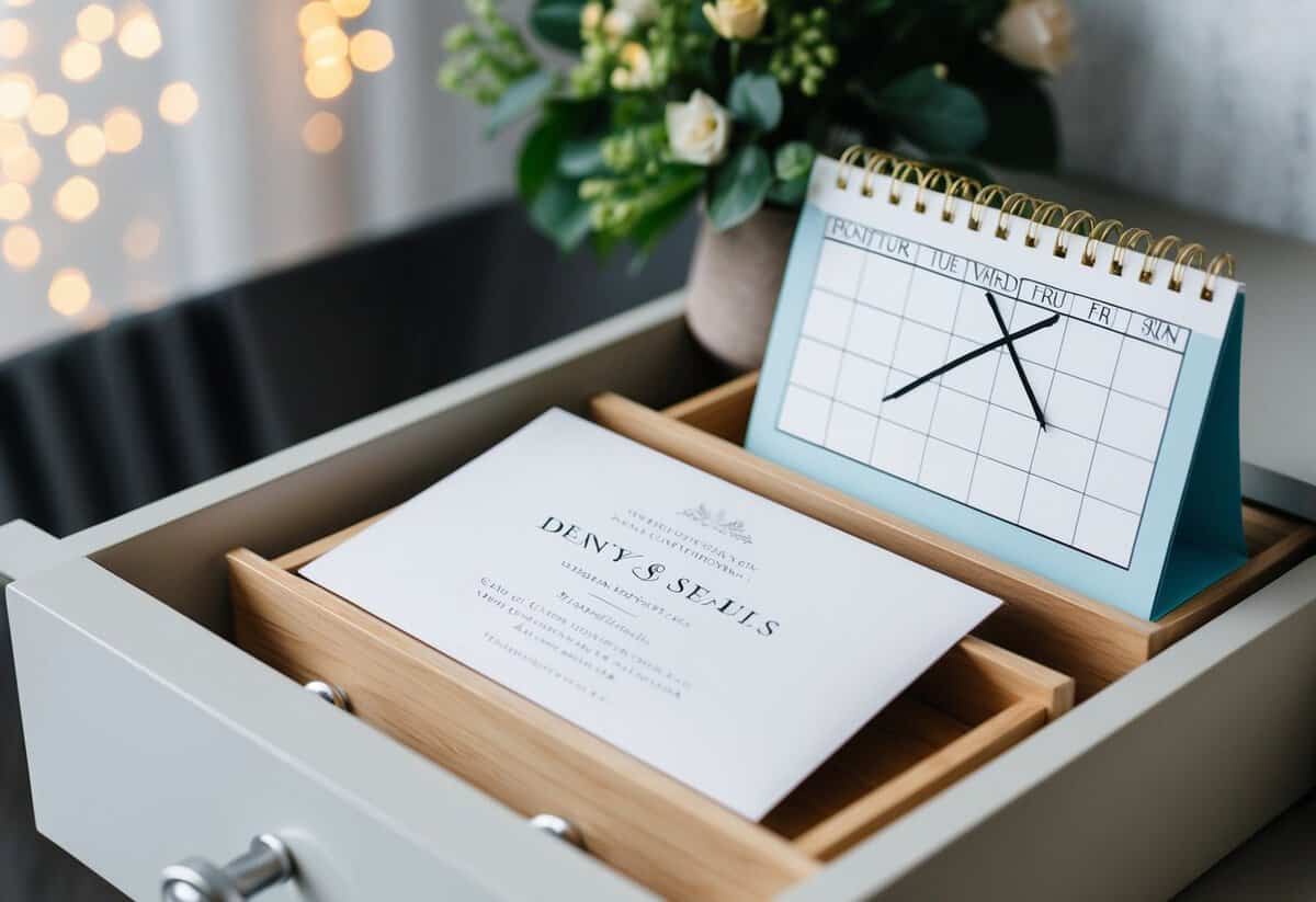 A wedding invitation being placed in a drawer with a calendar showing the next three months crossed out