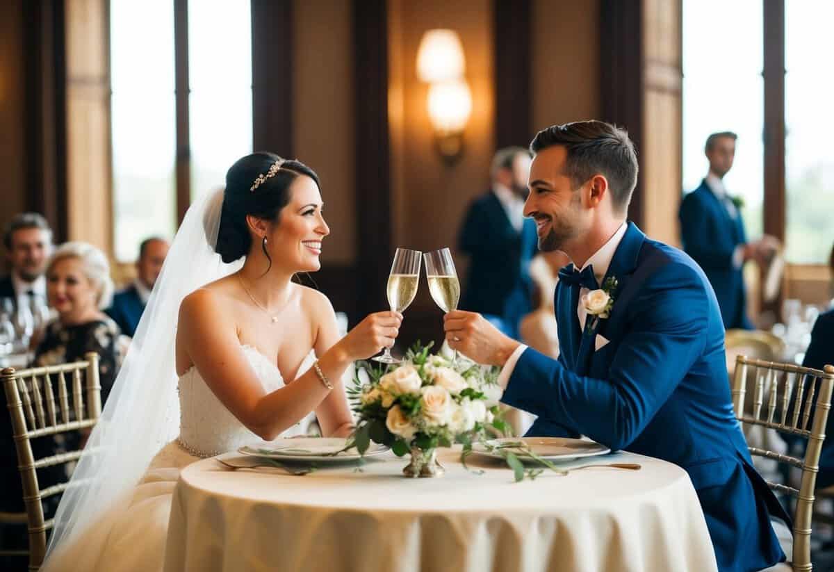 A couple sits at a table, toasting the bride and groom