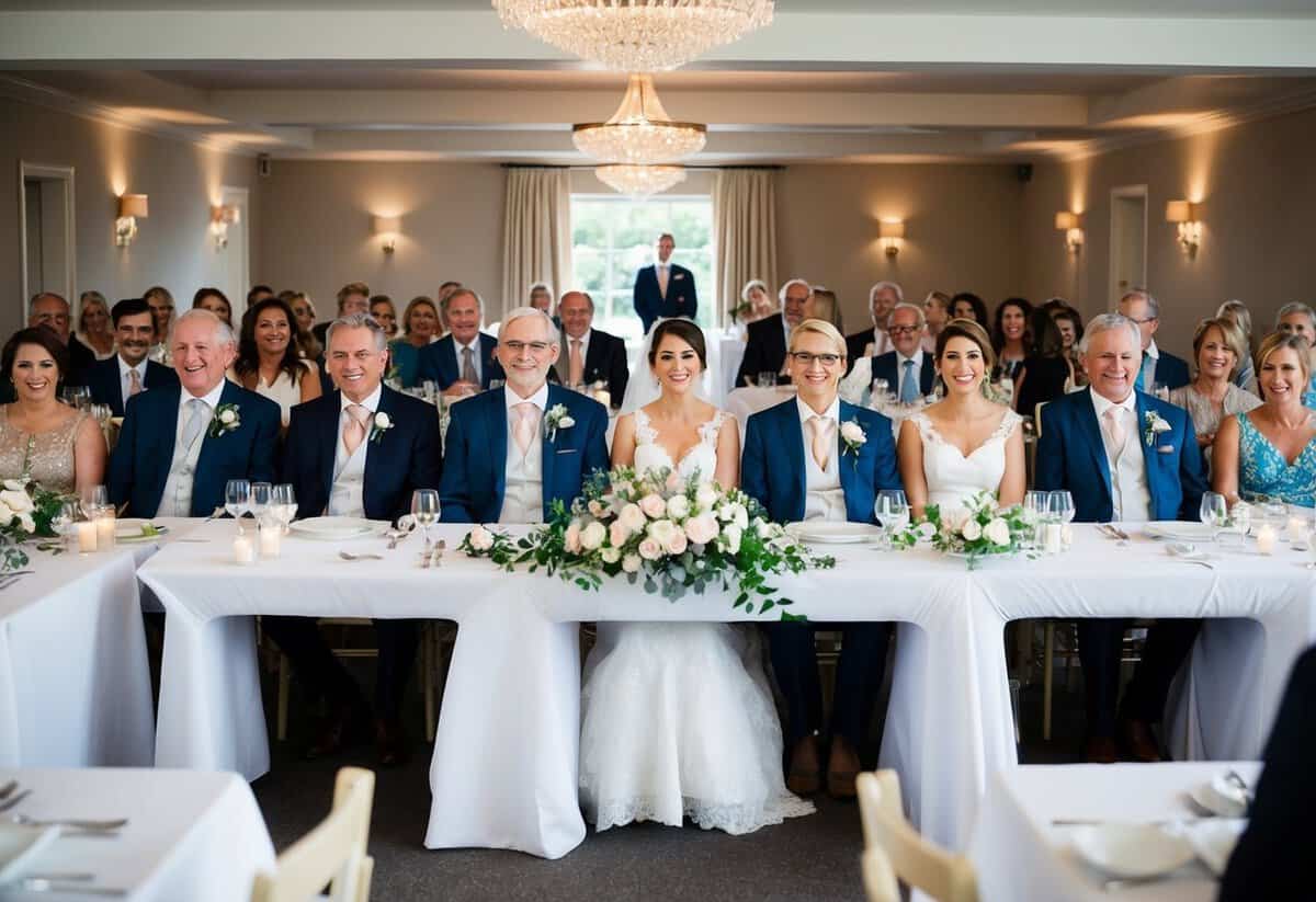 The bride's parents sit at the head table, flanked by close family and friends. Tables are arranged in a horseshoe shape, with the bride and groom at the center